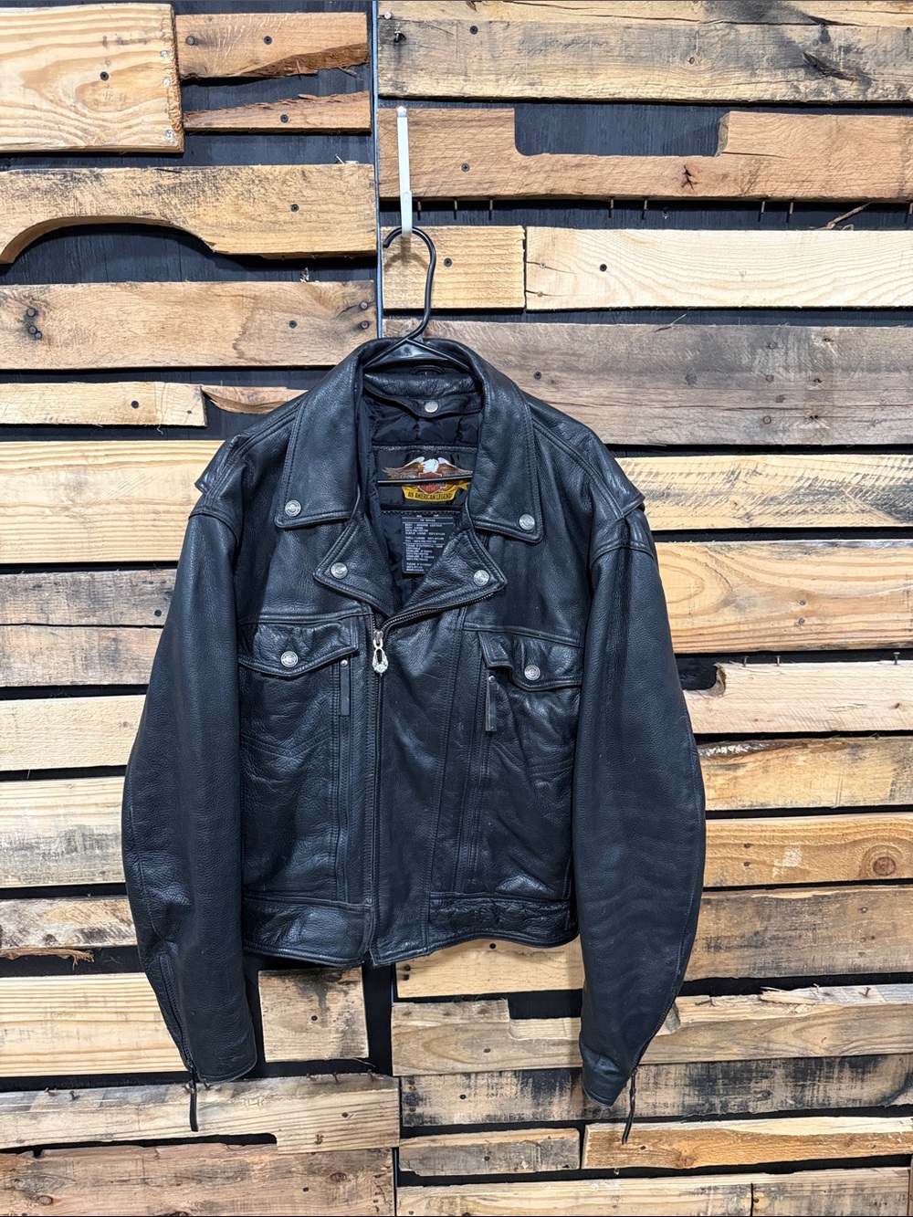 Harley‎ Davidson Men's L NEVADA Black Leather Motorcycle Jacket Vented Lined